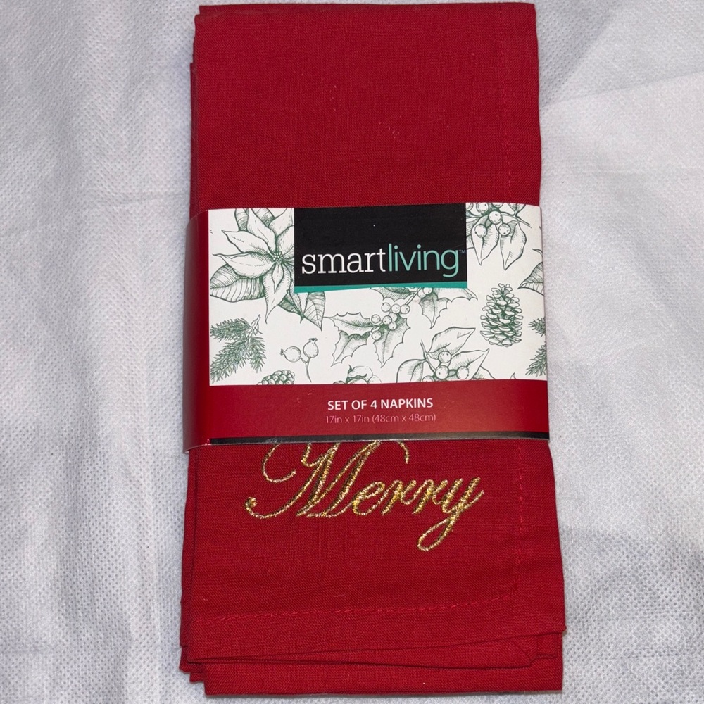 Smart Living Festive Christmas Red Cloth Napkins Gold Embroidered Holiday Decor